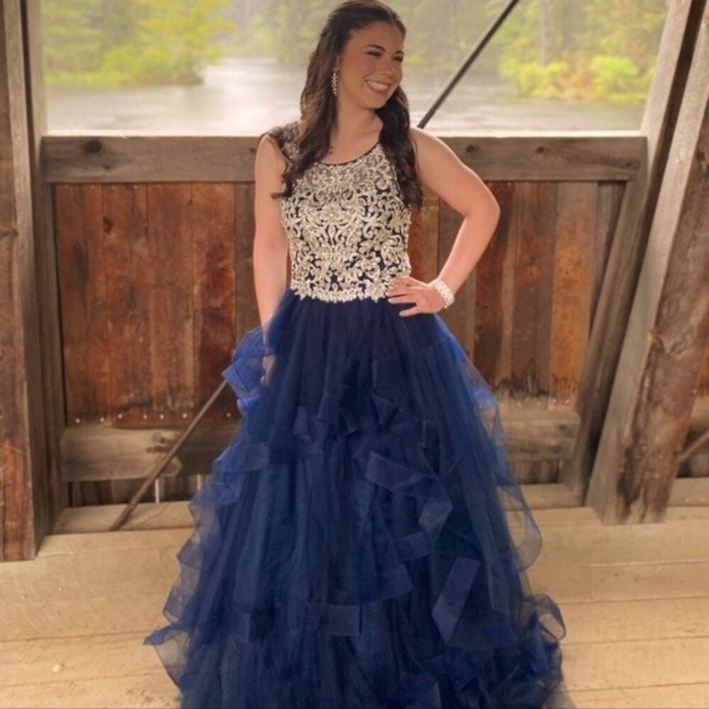 Aria Couture Navy Blue Diamond Studded Prom Dress With Open Back. Size Small